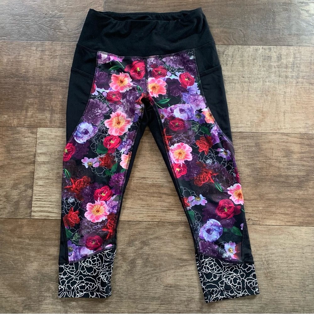 RBX floral cropped mesh panel leggings with pocket
